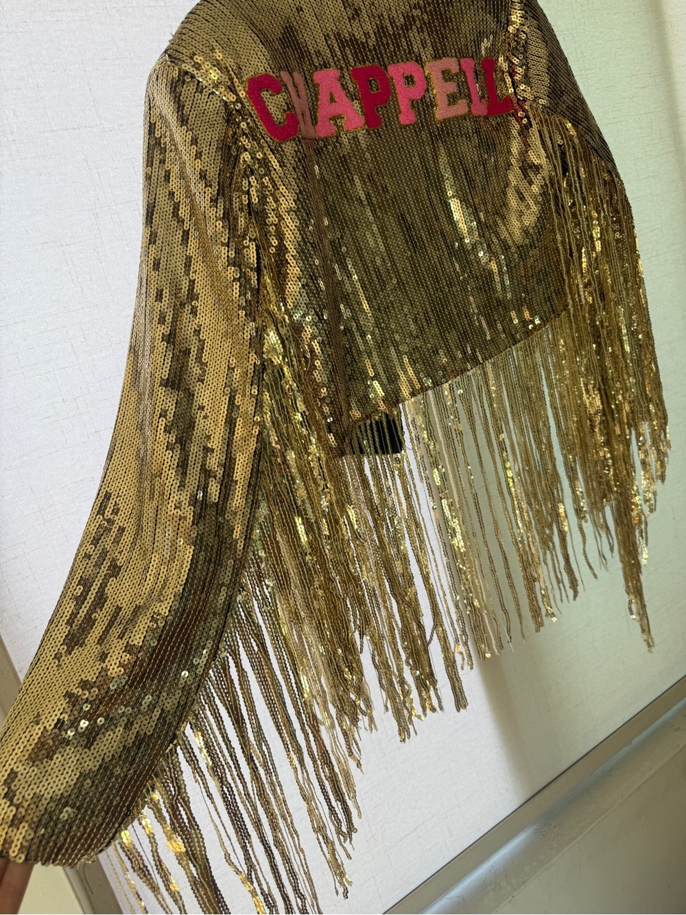 Nasty Gal Gold Sequin Fringe Jacket with Chappell Roan Pink Lettering/ Halloween - Picture 3 of 7